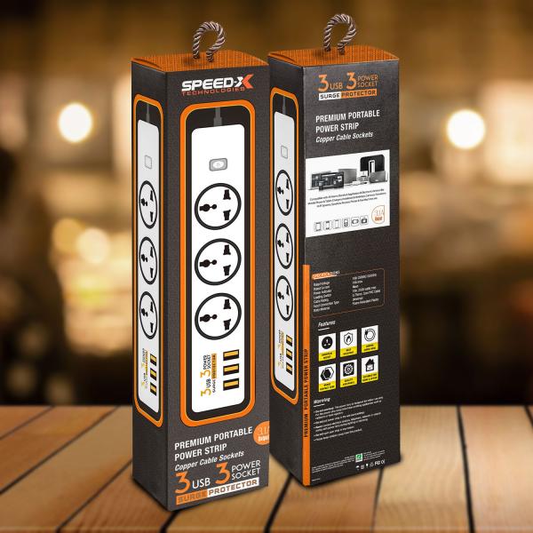 Speed-x 303pu Premium Portable Power Strip 3socket+3usb Port Cabel Length 2m